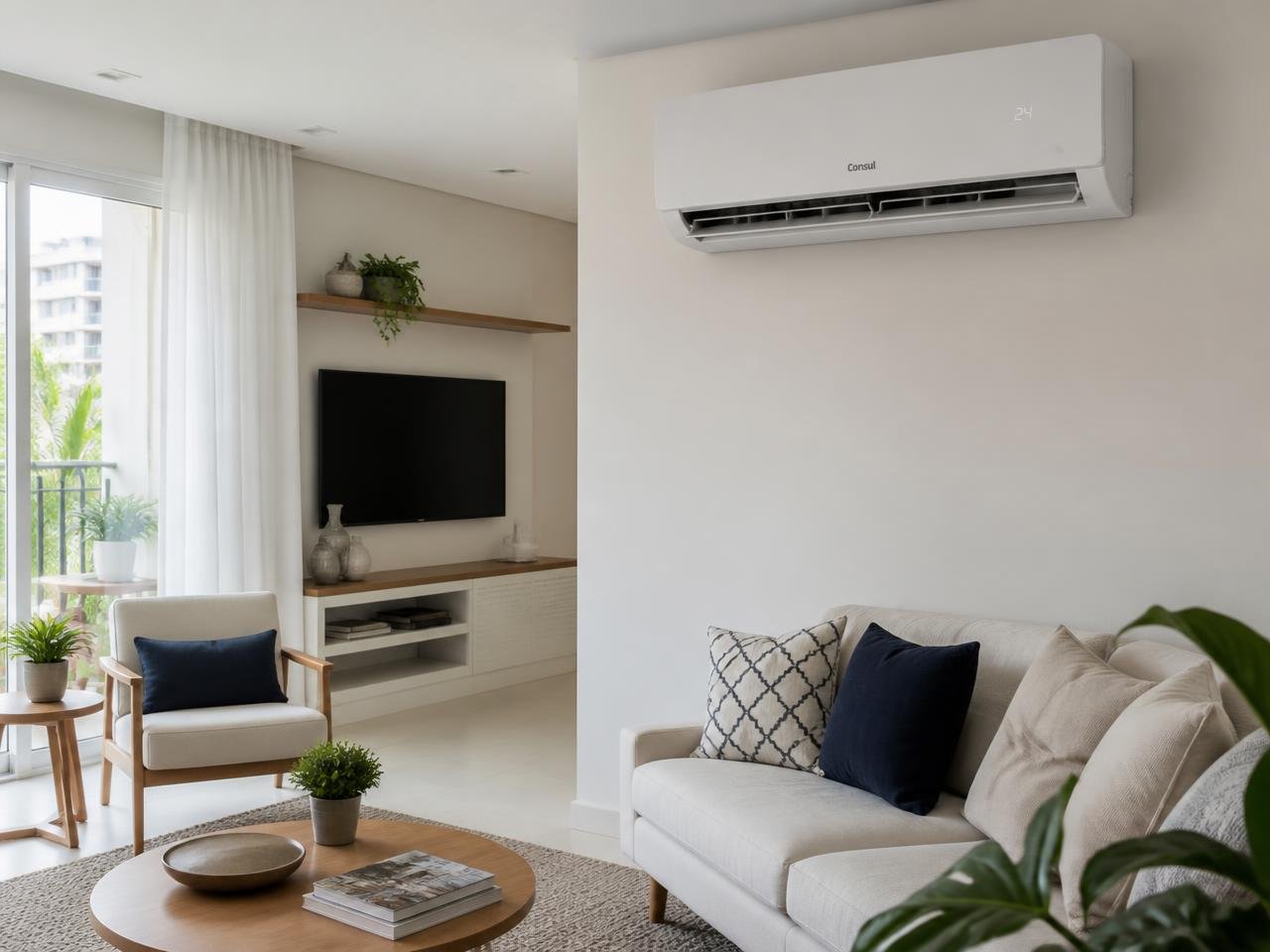 Sala de estar residencial climatizada com ar-condicionado split instalado